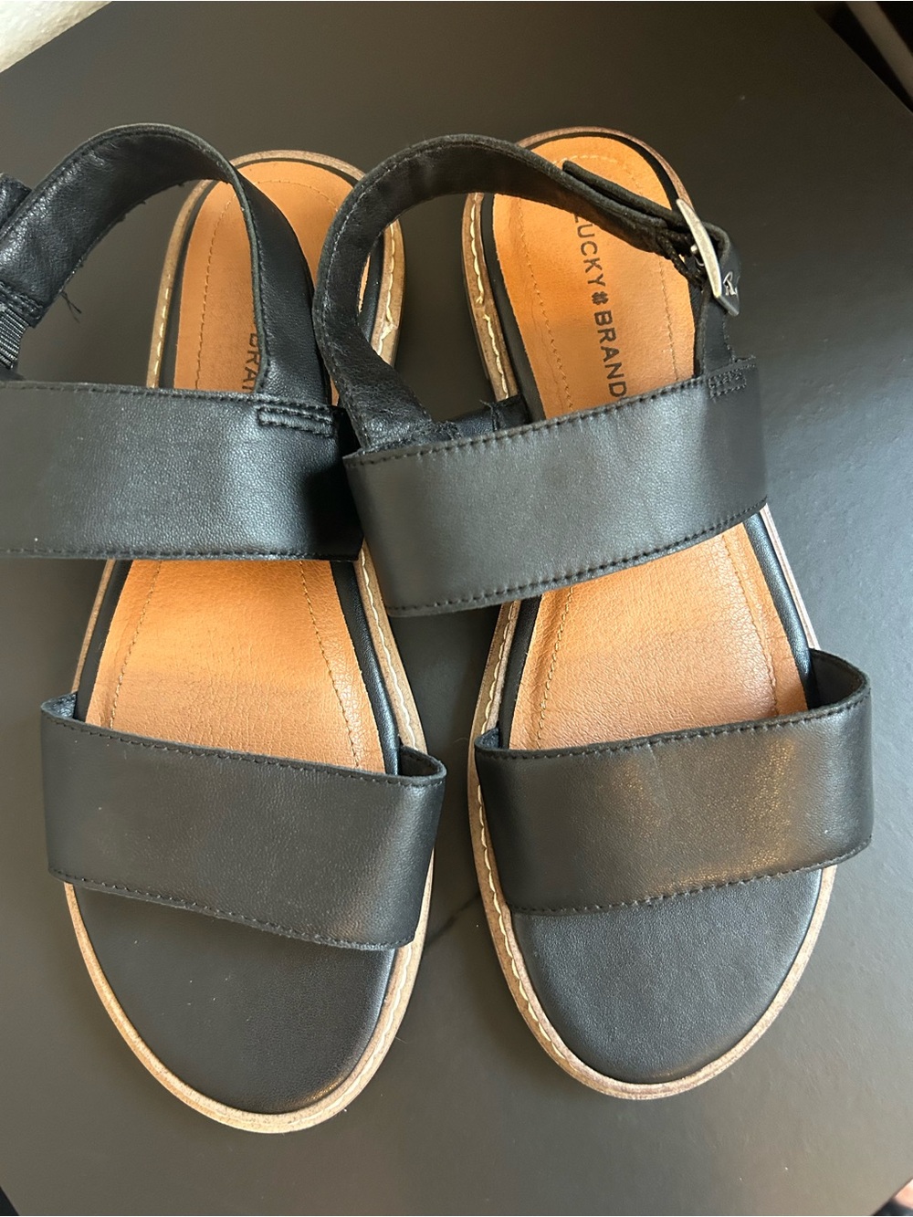 Lucky Brand Black Double Strap Flat Sandals Size 7.5